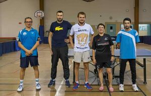 Tournoi n°5 - podium - de 1000 points : de G à D  4ème Soliva Roger (Montpellier tt), 3ème Maurcot Rémy(Lunel), 1er Debaillie Aurélien(Montpellier), 2ème Millet Martine(Cournonterral), Reynaud Mehdi(animateur tournoi)